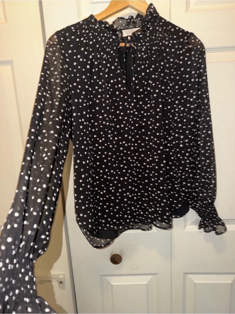 LOFT Black and White Polka Dot Ruffled Tie-Neck Blouse